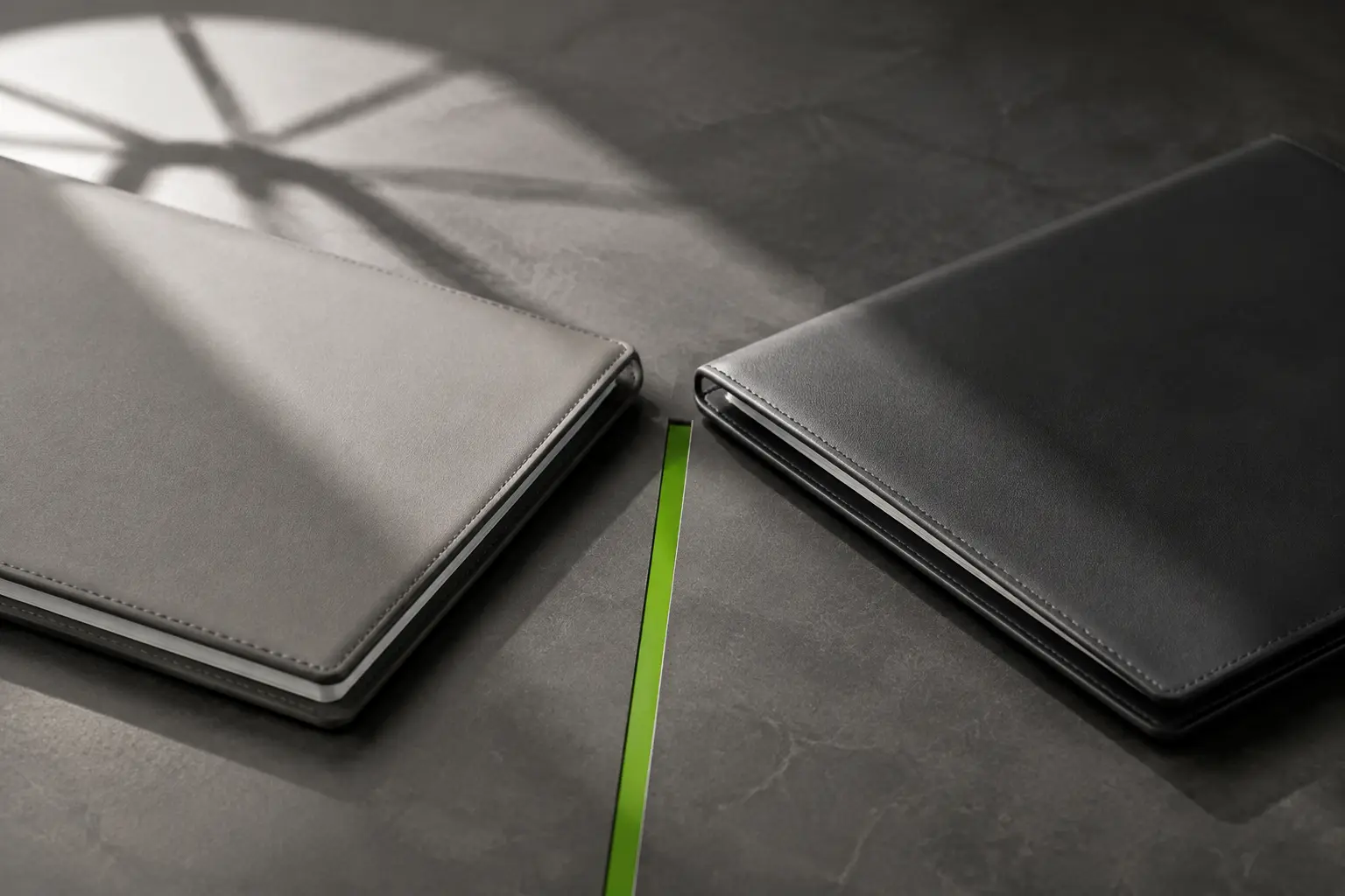Two blank folios aligned across a narrow green strip