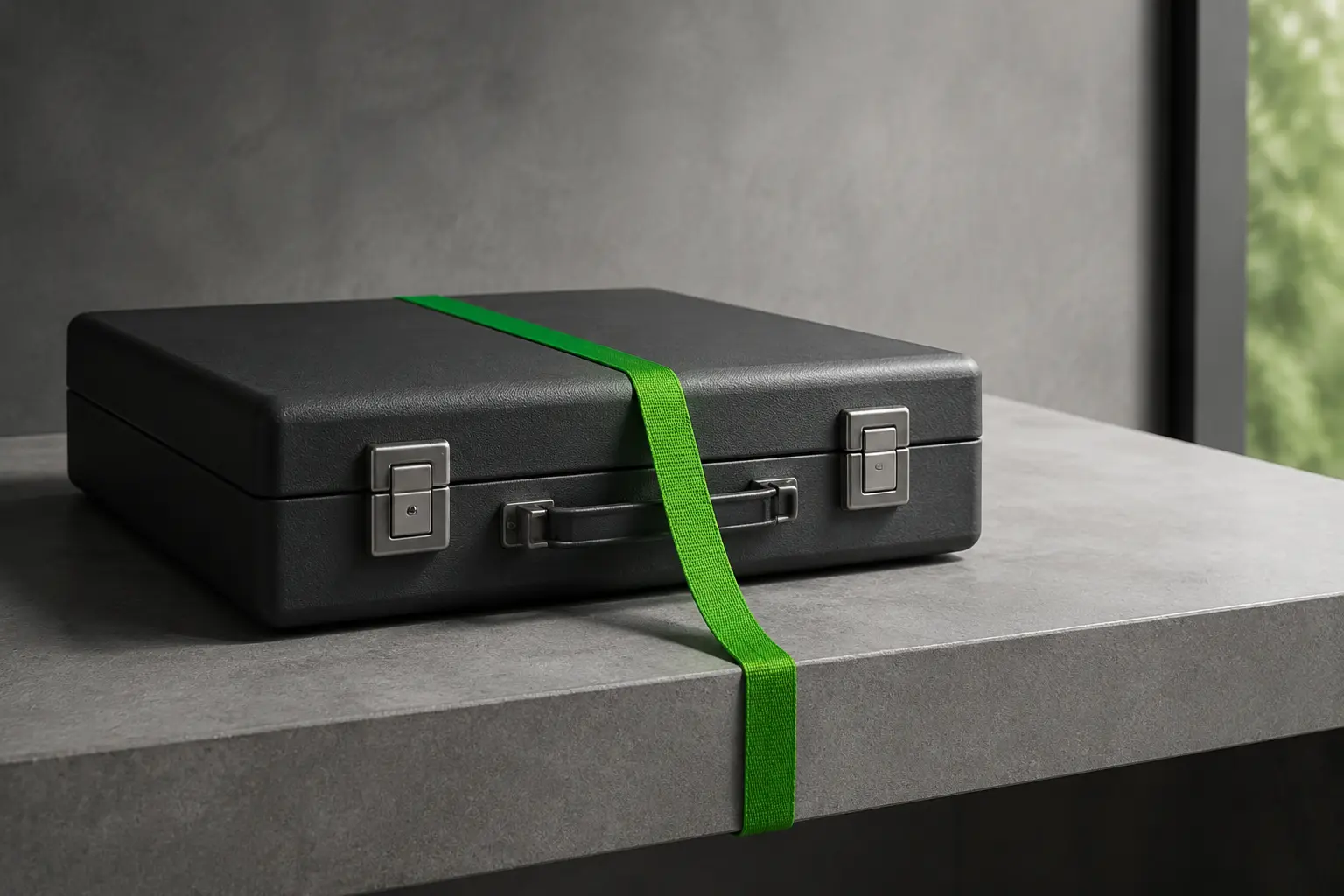 Compact graphite document case closed with two latches and a green strap