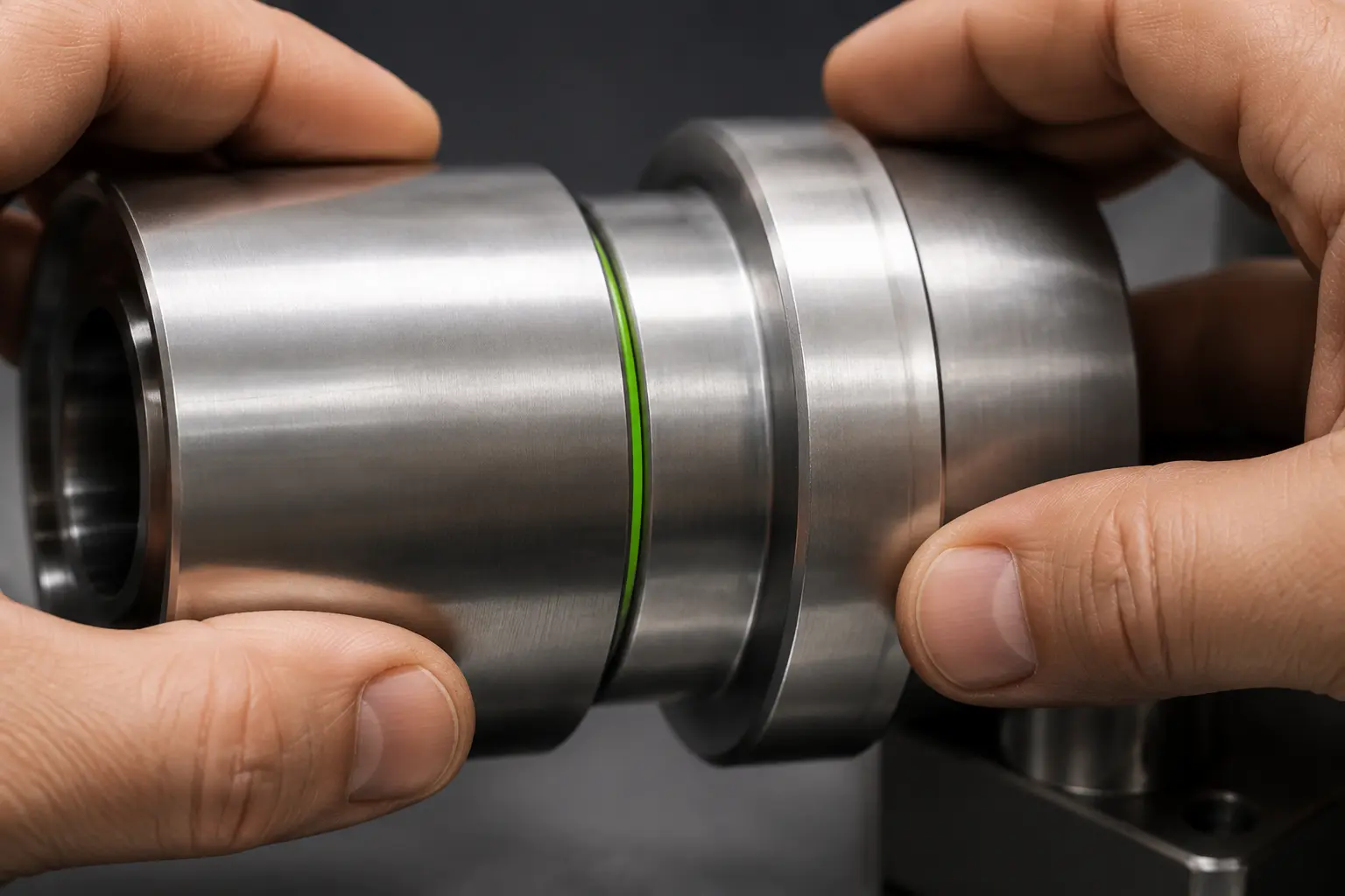 Technician hands aligning two unbranded machined components across a green seam